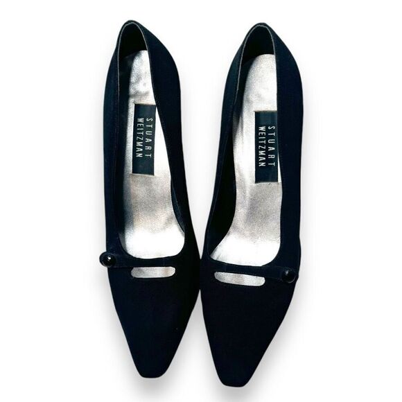 Stuart Weitzman Vintage Black Satin Fabric Almond Toe Heels Women’s Size 10 B - Picture 1 of 9